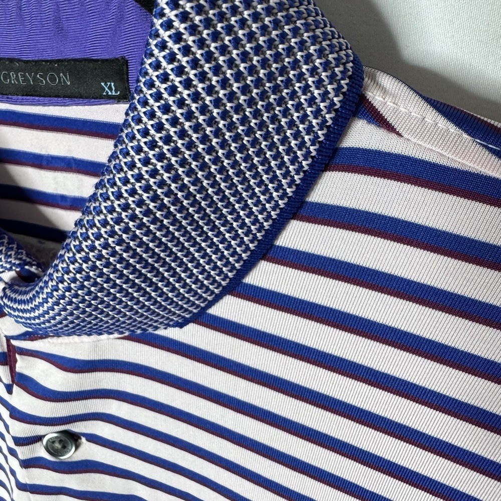 Greyson Polo Shirt Sz XL Golf Performance Knit Collar Pink Blue Striped Stretch - Picture 2 of 13